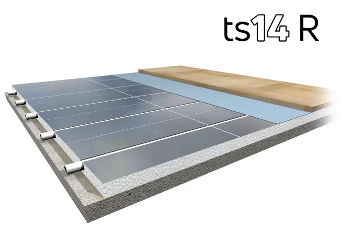 Schnittansicht einer Systemplatte von Purmo, mit Solarmodulen auf einer Tragschicht, die unter einem Holzbelag angeordnet sind.