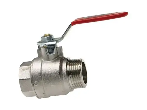 Ventil mit rotem Hebel und Gewindeanschluss, hergestellt aus Metall, zum Steuern des Durchflusses in Heizsystemen.