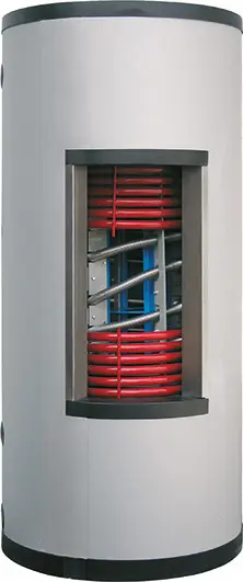 Hygiene-Solarspeicher von Fröling, zylinderförmiges Design ohne Isolierung, mit sichtbaren roten und blauen Rohren im Inneren für die Temperaturregelung.