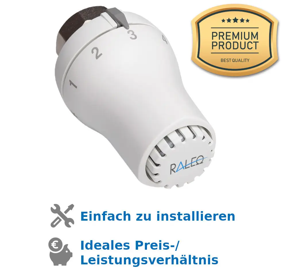 Weißer Thermostatkopf mit Skala von 1 bis 5 und Raleo-Logo. Geeignet für Heizungen, um die Temperatur zu regulieren. Vergleichbar mit Danfoss Produkten.