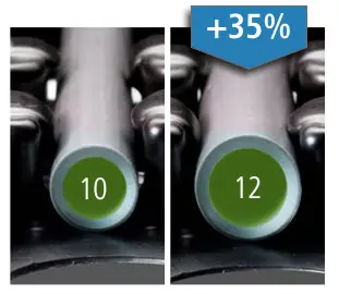 Kermi Produktvergleich mit zwei Düsen. Links Düse mit der Kennzeichnung 10, rechts Düse mit der Kennzeichnung 12, die eine Steigerung um 35 % anzeigt.