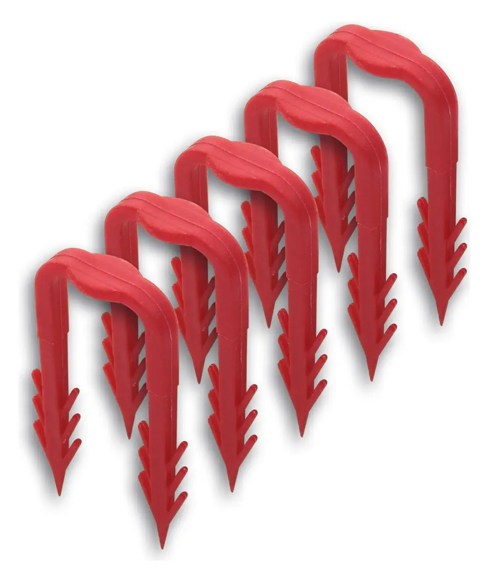 Rote Haltenadeln mit einer geschwungenen Form und spitzen Enden, optimal zur Verbindung und Sicherung von Klemmschienen, passend für Kermi Produkte.