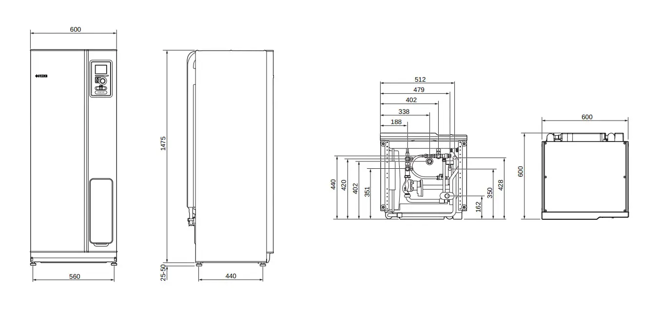 NIBE Inneneinheit mit seitlichem Bedienfeld, rechteckiger Form und technischen Details. Illustration zeigt Maße und Aufbau der Baugruppe.