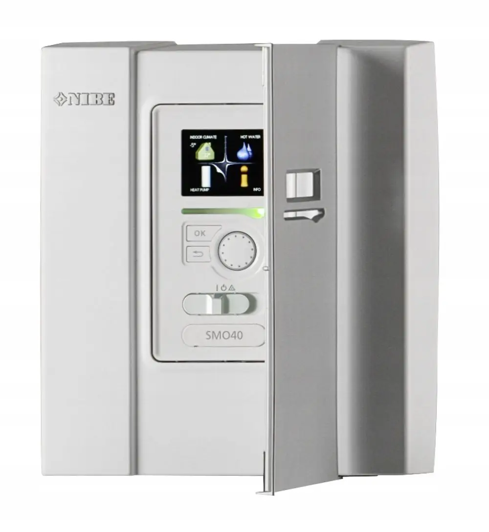 Weißes Steuergerät von NIBE mit digitalem Display und mehreren Bedienelementen. Zeigt Informationen zu Innentemperatur, Warmwasser und Heizpumpen.