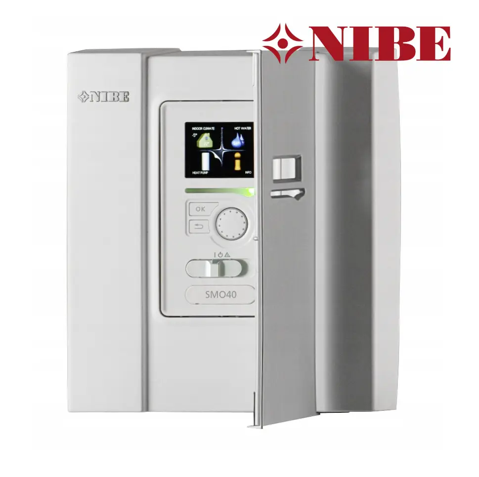 Weiße Regeleinheit von NIBE mit Touchscreen-Display und Bedienelementen, in einem kompakten Gehäuse. Funktionen zur Steuerung von Heiz- und Warmwassersystemen sichtbar.
