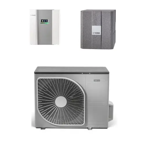 Drei NIBE Waermepumpen für Luft/Wasser-Systeme: zwei Modelle in grauem Design oben links und rechts, ein Außengerät mit Ventilator unten.