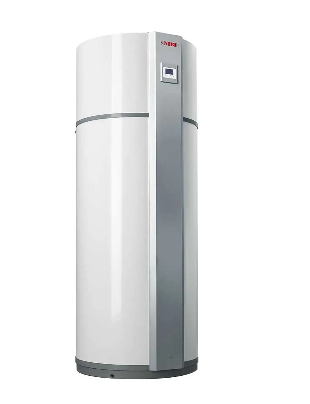 Brauchwasser-Wärmepumpe von NIBE in zylindrischer Form, mit einer glatten, weißen Oberfläche und einem digitalen Bedienfeld an der Vorderseite.