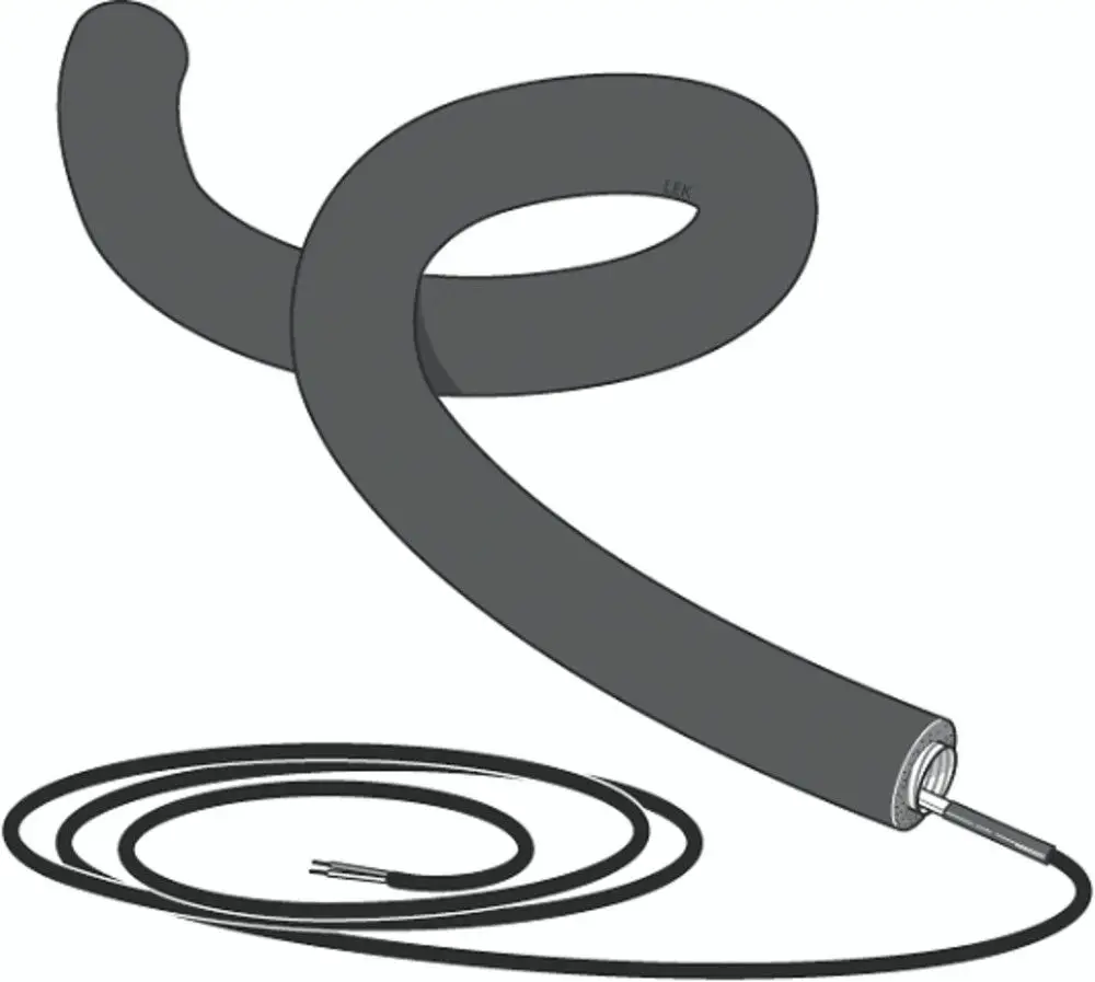 Kondenswasserrohr in grau mit einer gewundenen Form und einem Anschluss auf einer Seite. Produkt von NIBE für den Einsatz in Heizsystemen.