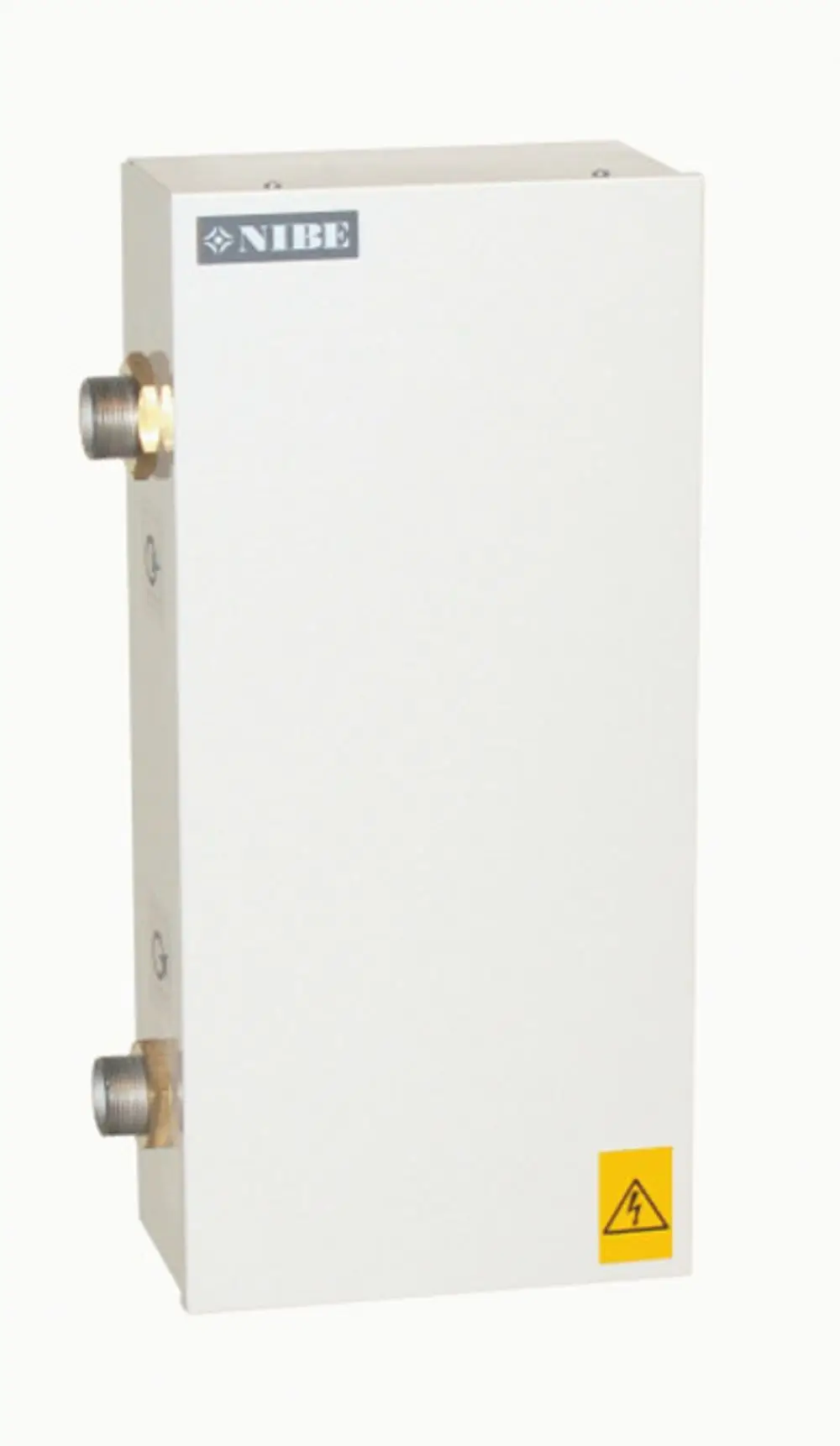 Weißes Heizgerät von NIBE mit zwei angeschlossenen Rohrleitungen. Das Gerät hat eine rechteckige Form und verdeutlicht elektrische Sicherheitshinweise.