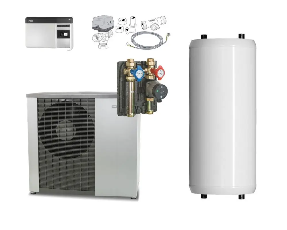 Luft-Wasser-Wärmepumpenpaket von NIBE mit Außeneinheit, integrierter Pumpe, Speicher und Zubehörteilen für die Heizungsinstallation.