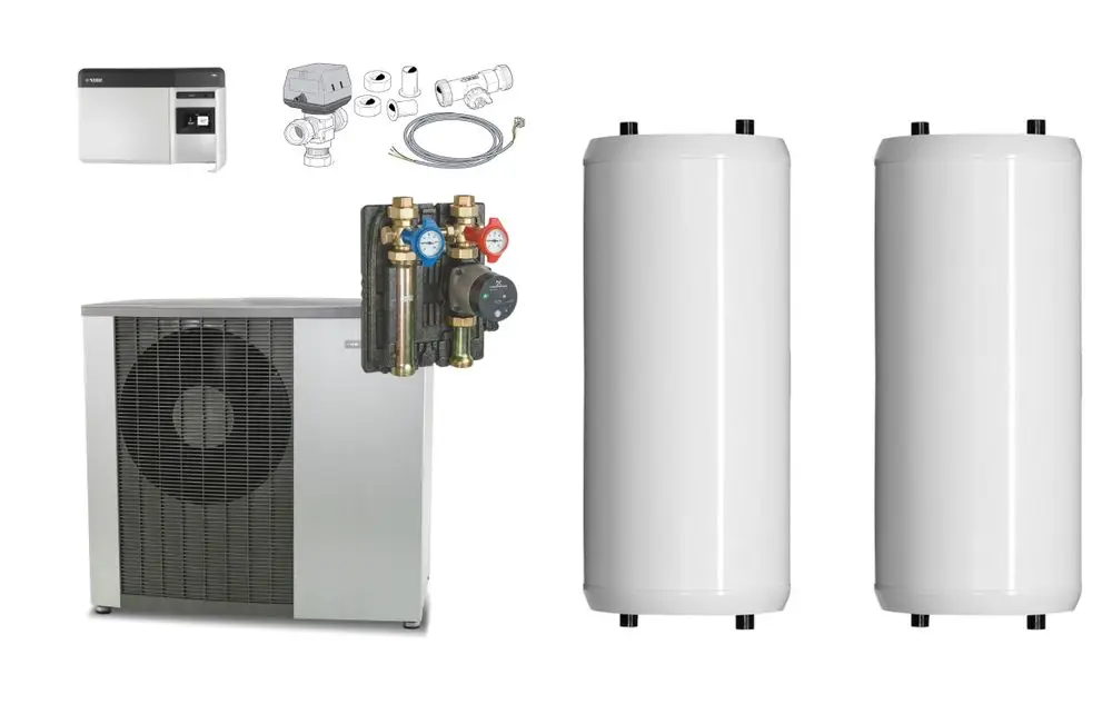 NIBE Luft-Wasser-Wärmepumpenpaket mit Außeneinheit, Installationszubehör und zwei weißen Pufferspeichern in kompaktem Design.