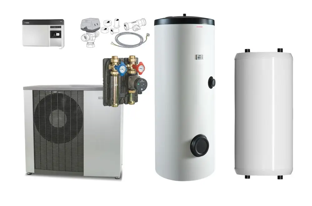 Luft-Wasser-Wärmepumpensystem von NIBE mit Außeneinheit, Heizungsregler, zwei Warmwasserspeichern und Zubehörteilen in einem technischen Setup.