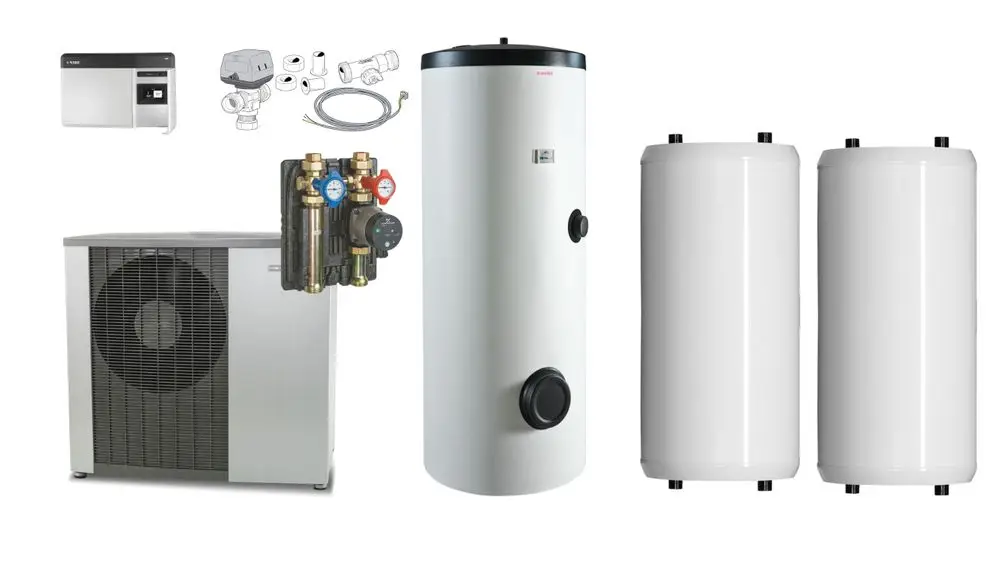 Luft-Wasser-Wärmepumpe von NIBE mit Außengerät, Hydraulikstation, Speicher und Zubehör. Komponenten klar angeordnet und in neutralem Design dargestellt.