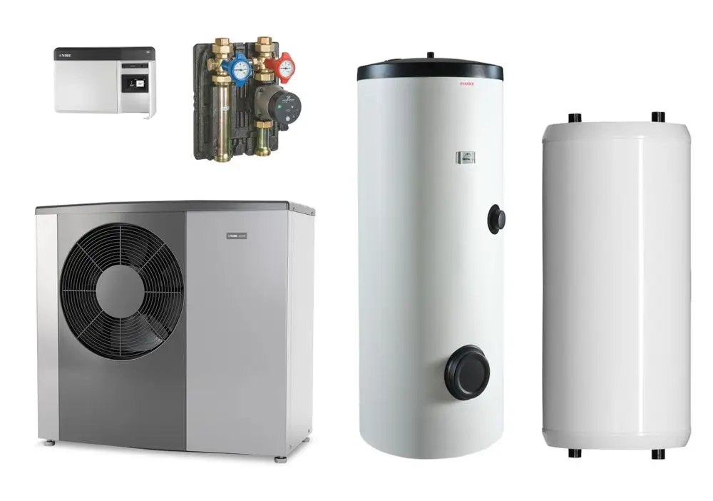 Luft-Wasser-Wärmepumpenpaket von NIBE, bestehend aus Wärmepumpe, Pufferspeicher und Zubehör, in einer Anordnung auf hellem Hintergrund.