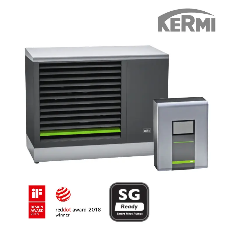 Kermi-Gerät zur Wärmeübertragung, bestehend aus einer Außeneinheit mit Lamellen und einem kleinen Regler, auf hellem Hintergrund.