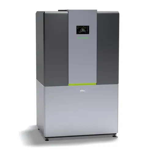 Kermi-Gerät mit digitalem Display, in einem kompakten Design, geeignet für Luft/Wasser-Heizsysteme. Farbliche Akzente in grün und grau.