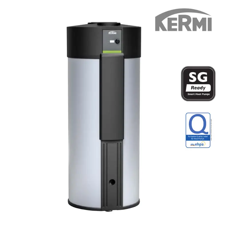 Wassertank von Kermi mit runder Form in silberner und schwarzer Farbgestaltung. Oben befindet sich eine Bedieneinheit mit Anzeige.