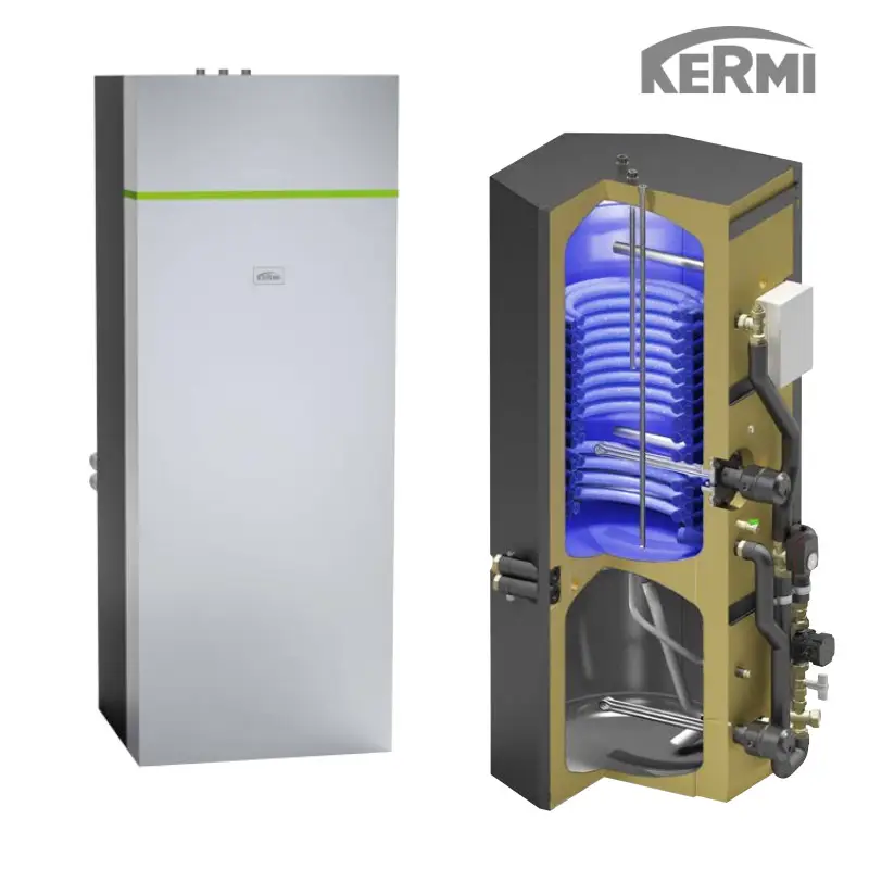 Kermi Speicher-Systemeinheit für Wärmepumpen, bestehend aus einem vertikalen Behälter und einer transparenten Darstellung der inneren Rohrsysteme.