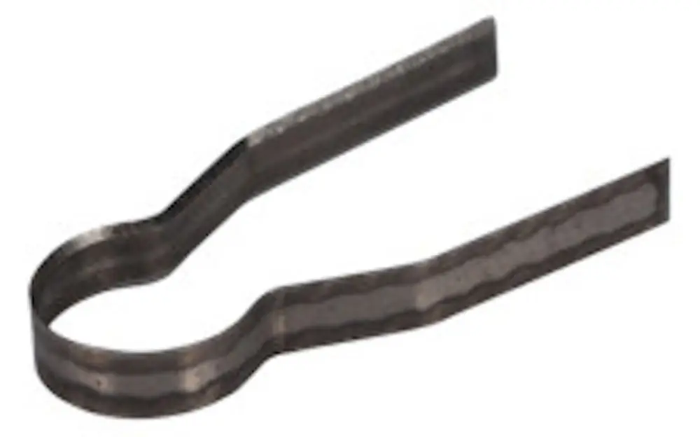 Metallischer Clip in U-Form, möglicherweise für Befestigungs- oder Halterungszwecke. Produkt könnte von Kermi stammen.