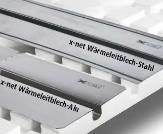 Zwei verschiedene Wärmeleitbleche aus Stahl und Aluminium auf einer Unterlage. Produkte von Kermi zur Wärmeverteilung.