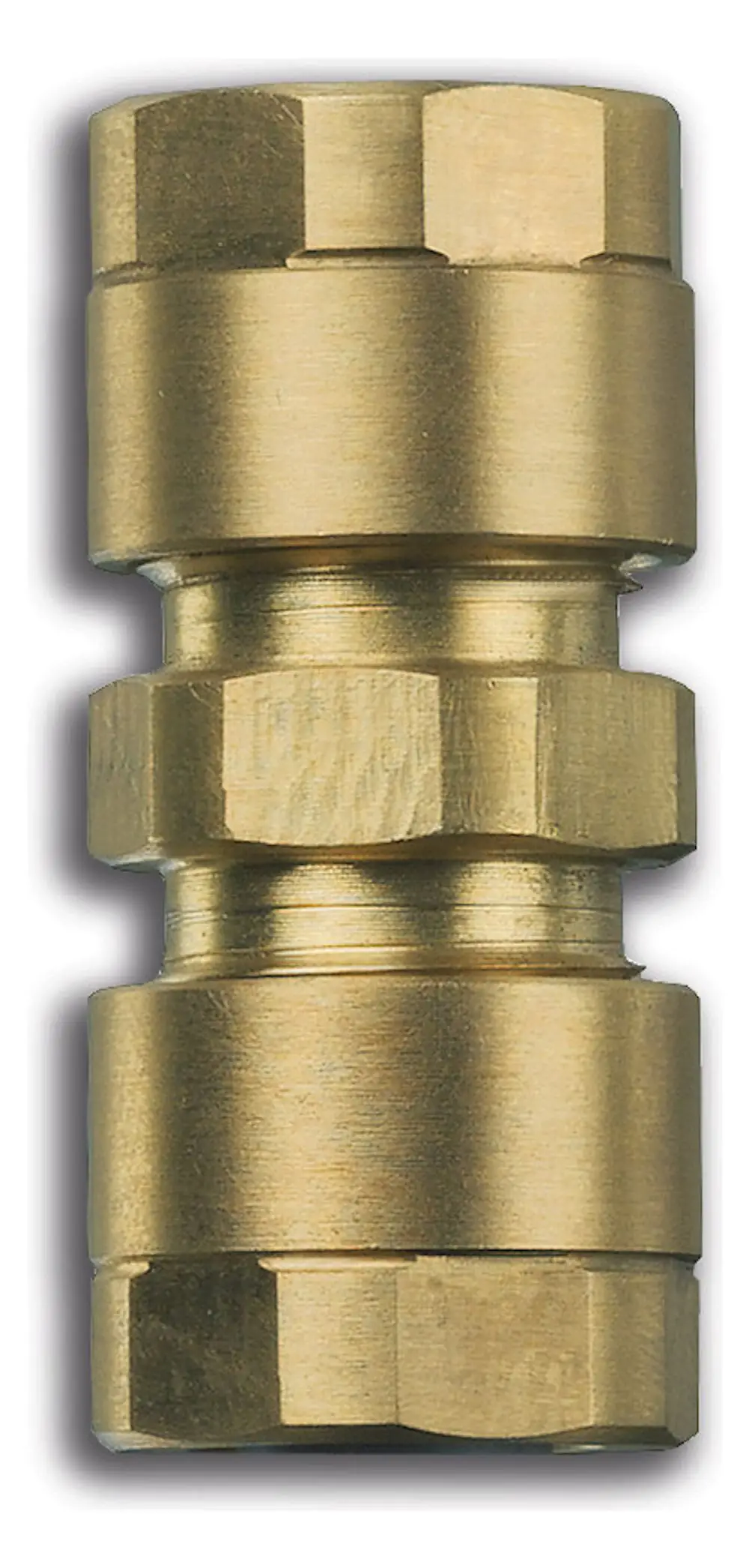 Metallene Kupplung von Kermi, mit zwei hexagonalen Enden, die für eine sichere Verbindung von Rohren konzipiert ist.
