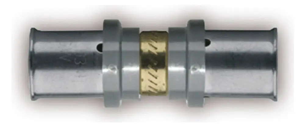 Kupplung aus Metall mit zwei Verbindungsenden, mittig mit einem goldenen Element. Geeignet für Kermi-Anwendungen zur sicheren Verbindung in Rohrsystemen.