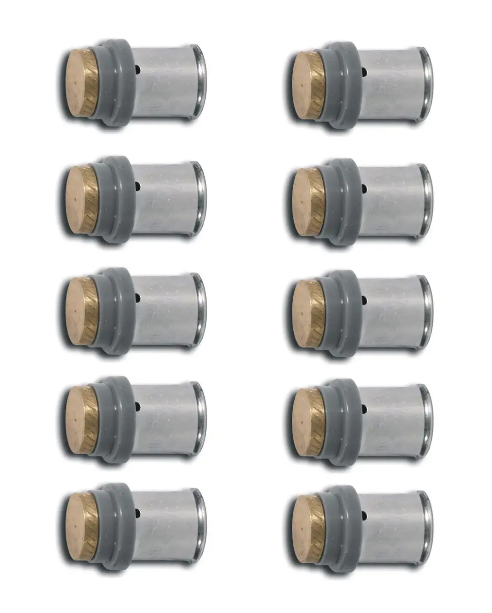 Kermi-Produkte, bestehend aus zehn grauen Blindstopfen mit einem Holzverschluss. Die Stopfen sind in zwei Reihen angeordnet und zeigen eine metallische Oberfläche.