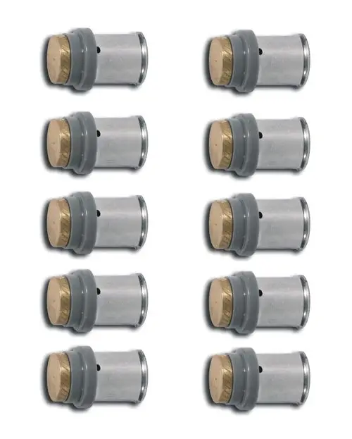 Kermi-Produkte, bestehend aus zehn grauen Blindstopfen mit einem Holzverschluss. Die Stopfen sind in zwei Reihen angeordnet und zeigen eine metallische Oberfläche.