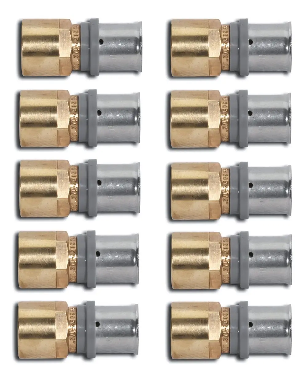 Kermi-Gewindeübergänge in gold und silber, angeordnet in zwei Reihen. Die Produkte sind in gleichmäßigen Abständen und haben eine feste Verbindungselementstruktur.