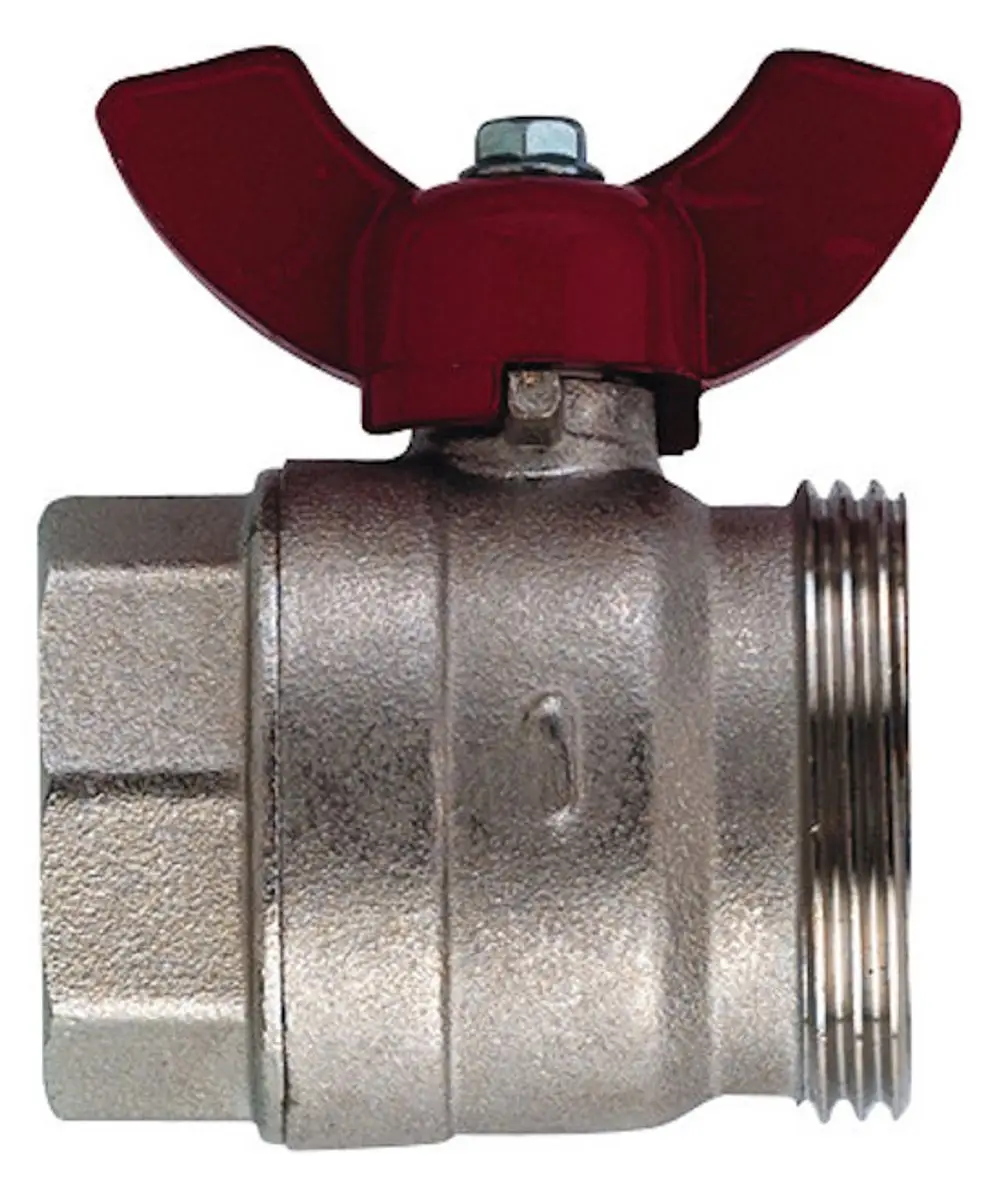 Kermi-Kugelhahn mit einem rot lackierten Griff, aus Metall mit einem Anschlussgewinde. Das Produkt zeigt eine robuste Bauweise zur Regelung von Durchfluss.