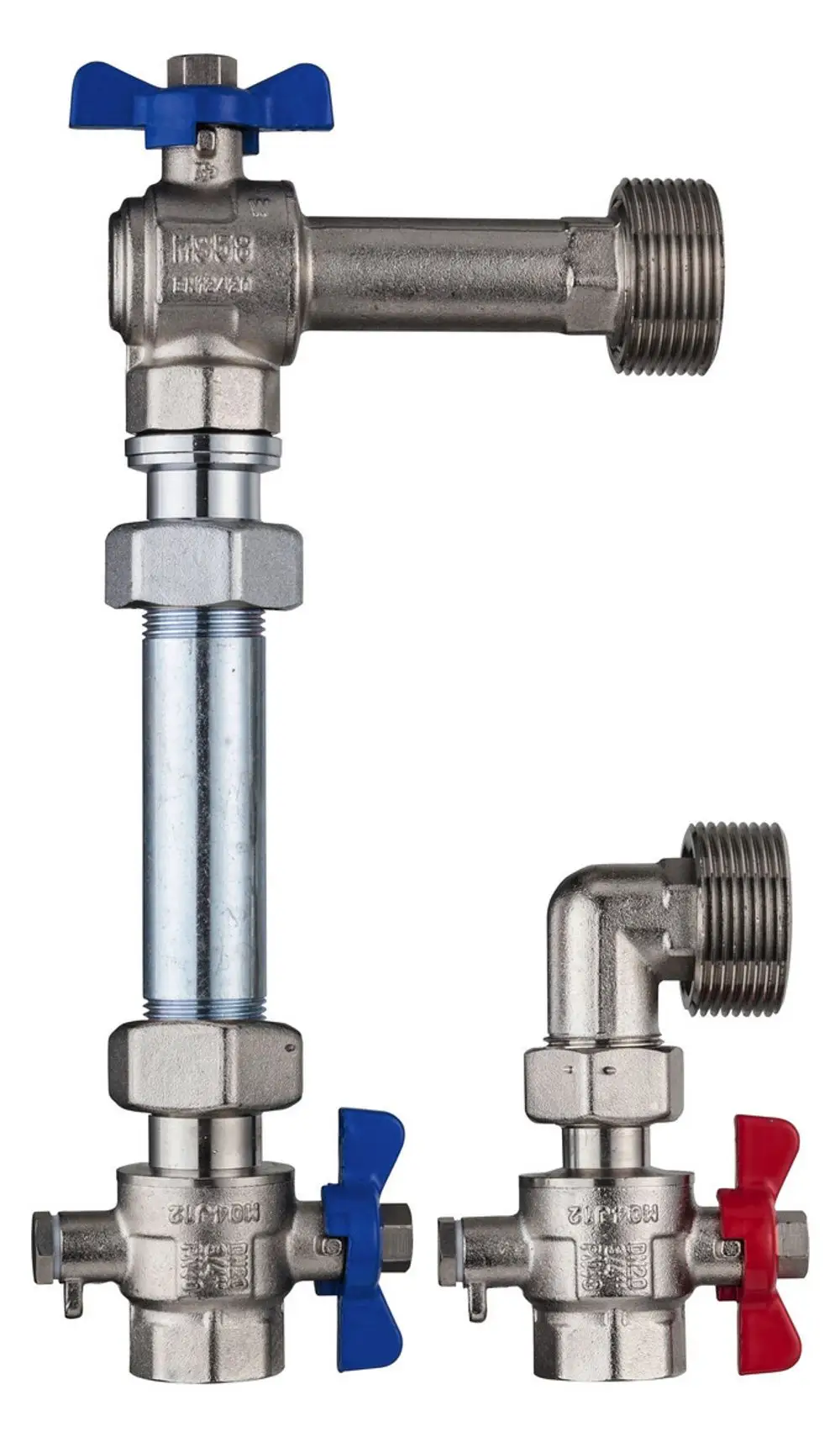 Zwei mechanische Kugelhähne von Kermi, einer mit blauer und einer mit roter Griffschraube, in vertikalem Aufbau, aus Metall mit unterschiedlichen Anschlüssen.