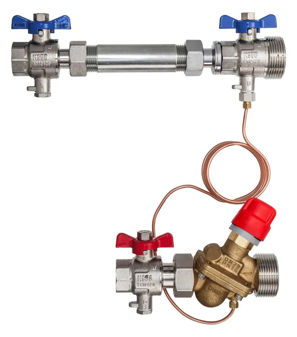 Kermi-Wasser-Mess-Zähler-Einbauset mit zwei Kugelhähnen und einer Kupferleitung. Das Set ist für den horizontalen Einbau vorgesehen.