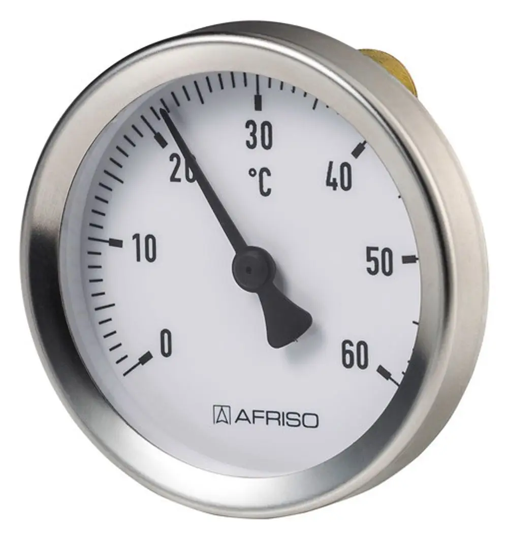 Thermometer mit einer Skala von 0 bis 60 °C. Die Anzeige ist klar und zeigt die Temperatur in einem runden Gehäuse. Hergestellt von Kermi.