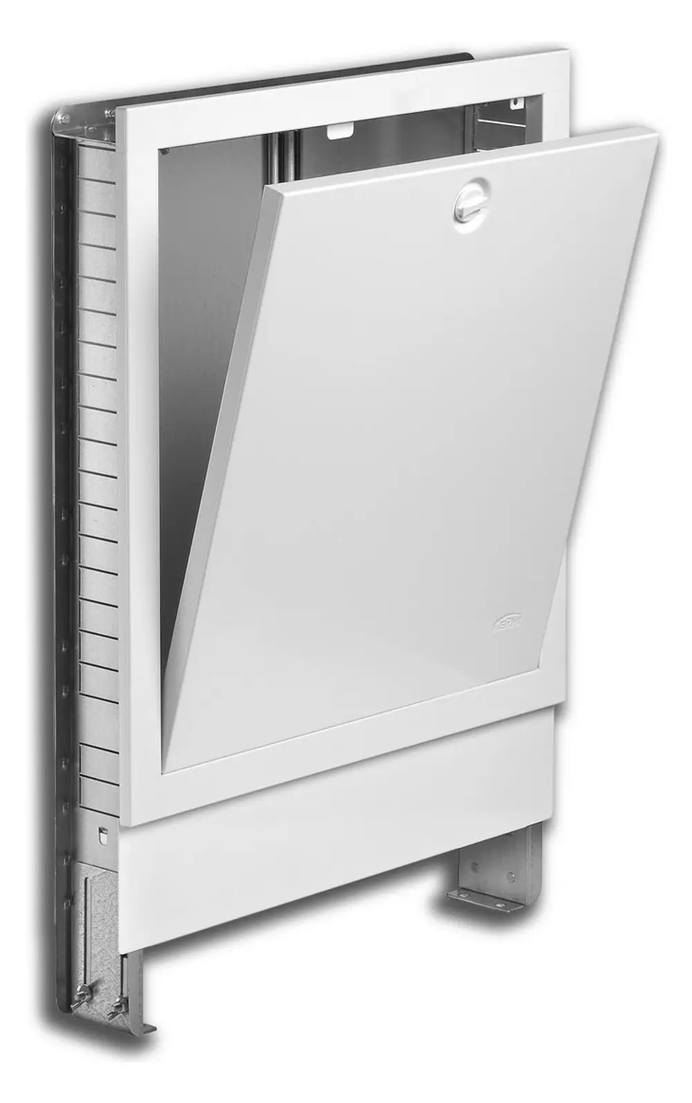 Kermi-Verteilerschrank mit grauem Gehäuse und einer klappbaren Fronttür, die einen Zugang zum Inneren bietet. Montageoptionen an der Wand erkennbar.