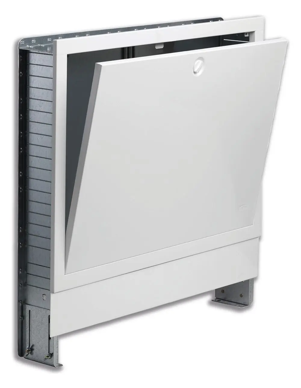 Verteilerkasten von Kermi mit klappbarem Frontdeckel, montiert in neutralem Design, geeignet für die Installation in Wohn- oder Gewerberäumen.