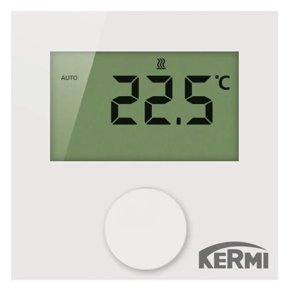 Wandanbauregler von Kermi mit LC-Display, zeigt die Raumtemperatur von 22,5 °C an. Regulierung durch runden Drehknopf.