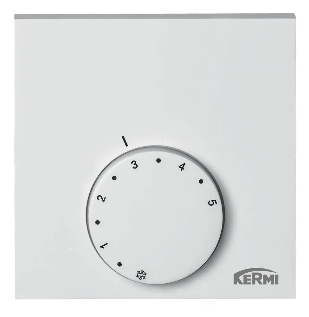 Weißer Wandregler zur Steuerung von Heizungsanlagen, mit drehbarer Skala von 1 bis 5 sowie einem Schneeflockensymbol. Hersteller: Kermi.
