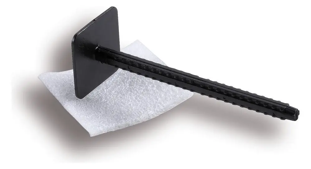 Schwarz-weißer Niederhaltedübel mit quadratischer Halteplatte und langem, geriffelten Stab. Geeignet für verschiedene Anwendungen, präsentiert von Kermi.