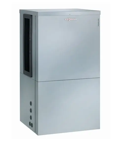 Silberne Viessmann Luft-Wasser-Wärmepumpe mit glatter Oberfläche und seitlichem Luftansaugkanal.
