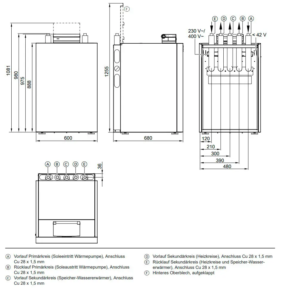 Viessmann Wärmepumpe mit mehreren Anschlussmöglichkeiten, skizziert in Seitenansicht und oben. Maße und Anschlussdetails sind deutlich dargestellt.