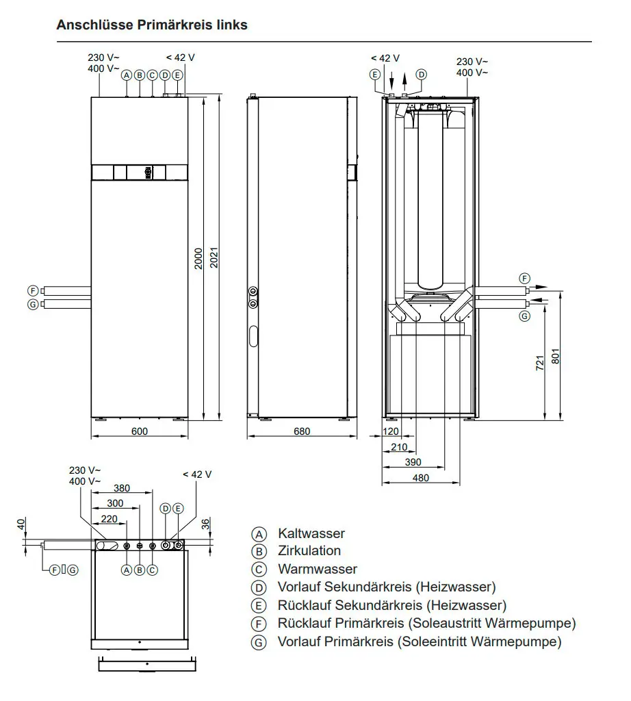 Viessmann-Wärmepumpe für Warmwasser mit verschiedenen Anschlüssen und technischen Spezifikationen. Darstellung von Front- und Seitenansicht sowie Skizzen der Anschlüsse.