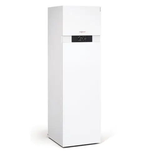 Weißes Standgerät, vermutlich eine Sole-Wasser-Wärmepumpe, mit digitalem Display und Steuerungselementen an der Vorderseite.