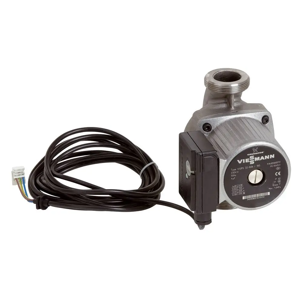 Viessmann Umwälzpumpe mit Abdeckung, Kabelanschluss und Steuereinheit. Das Gehäuse ist metallisch und die Pumpe ist für Heizungsanwendungen konzipiert.