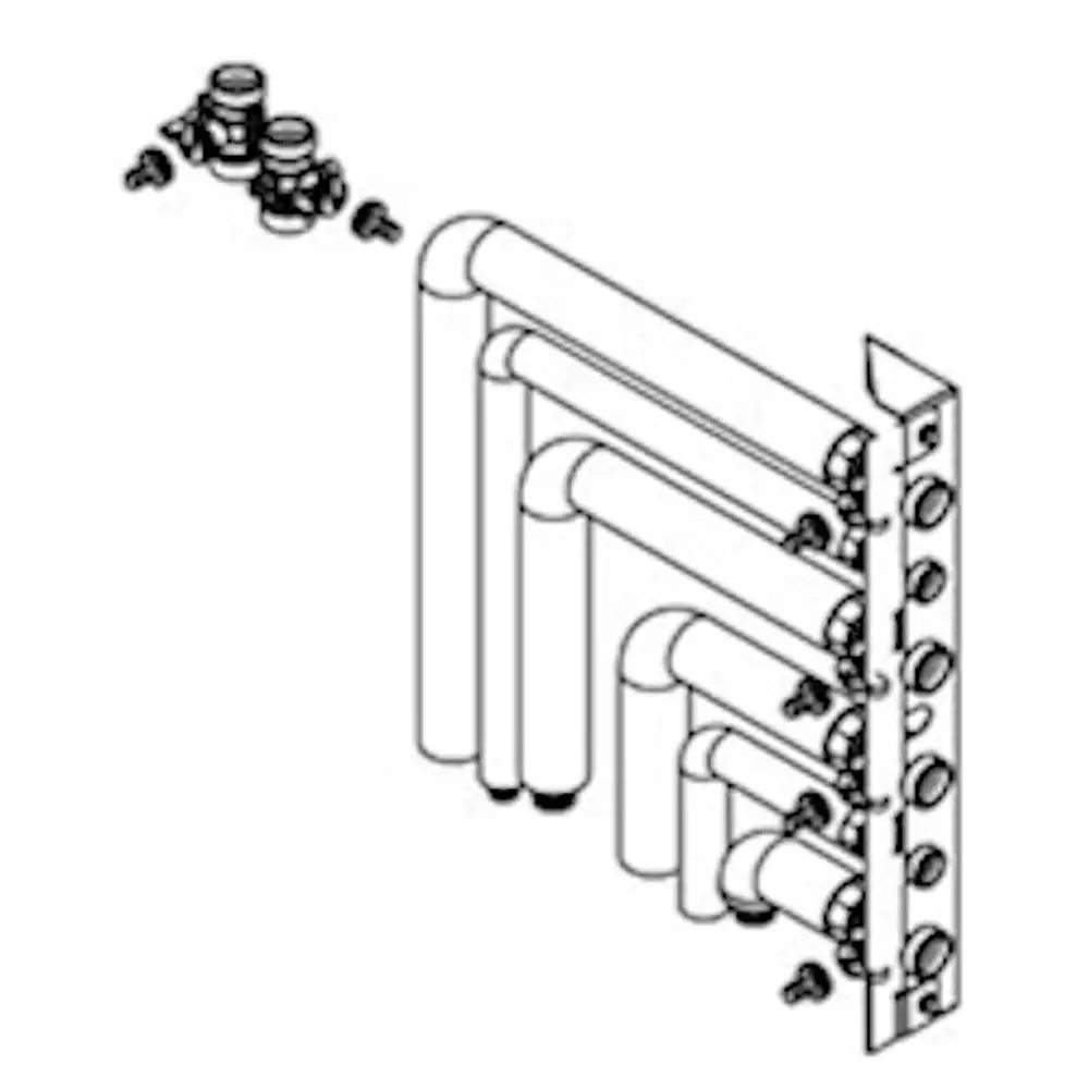 Montageschema für eine Viessmann Kompaktgerät Installation mit zwei Heiz-/Kühlkreisen, dargestellt mit Rohren und Anschlussdetails für die Aufputzinstallation nach rechts.