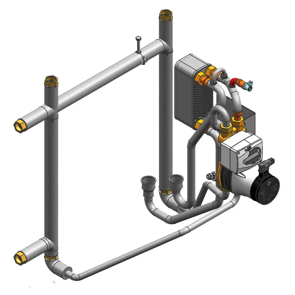 Einbau-Kit mit Mischer von Viessmann, bestehend aus verschiedenen Rohren, einer Pumpe und einem Heizwärmetauscher, zur Integration in Heizsysteme.