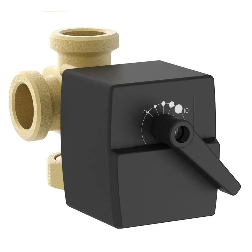 3-Wege-Umschaltventil von Viessmann mit schwarzem Gehäuse und Drehverschluss. Das Produkt zeigt eine Skala von 0 bis 10 zur Einstellung des Durchflusses.