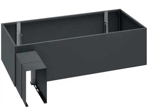 Design-Verkleidung in dunkler Farbe zur Abdeckung einer Bodenkonsole, inklusive Wandanschluss, geeignet für Viessmann-Systeme.