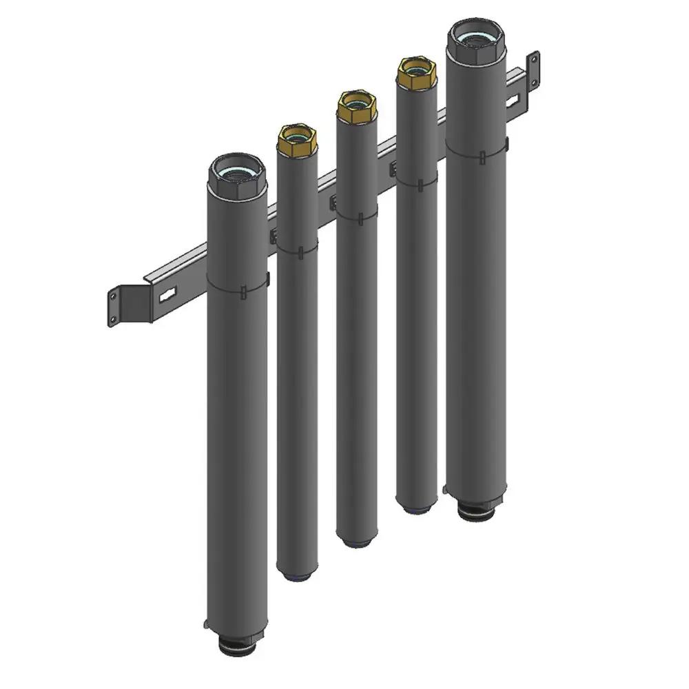 Set aus mehreren vertikalen Rohren, montiert an einer Halterung, zur hydraulischen Verbindung in der Heiztechnik, hergestellt von Viessmann.