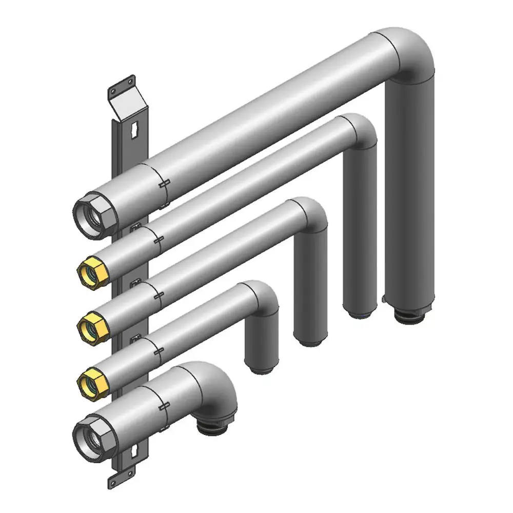 Hydraulisches Anschluss-Set für Heizkreis mit mehreren Rohrdurchführungen, dargestellt in verschiedenen Längen und Ausführungen, geeignet für Aufputzinstallation. Viessmann.