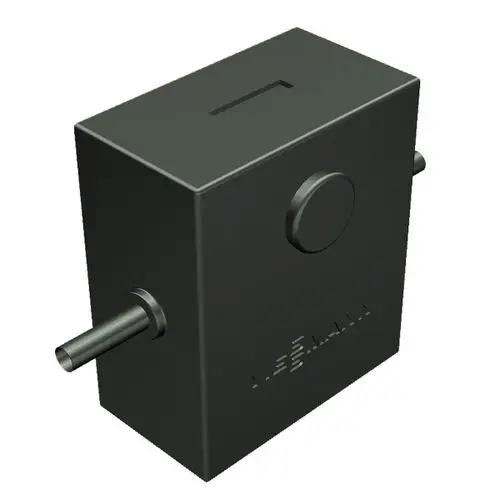 Schwarzes Viessmann-Gerät mit einer schmalen Einzahlungsschlitz und zwei seitlichen Anschlüssen. Das Design ist rechteckig und schlicht.